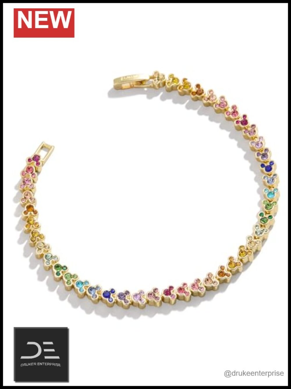 Gold Plated Brass Mickey Mouse Tennis Bracelet Glass Stones